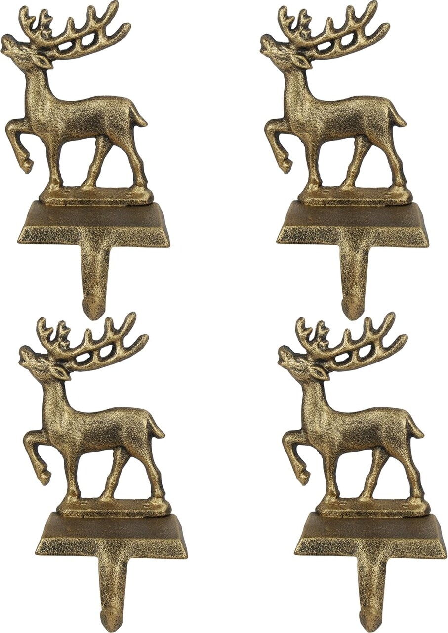 4 Pcs Christmas Stocking Holders Metal Reindeer Pattern Mantel Hooks Anti-Slip Fireplace Hangers Iron Heavy Duty Iron Stocking Holder for Fireplace Xmas Decor